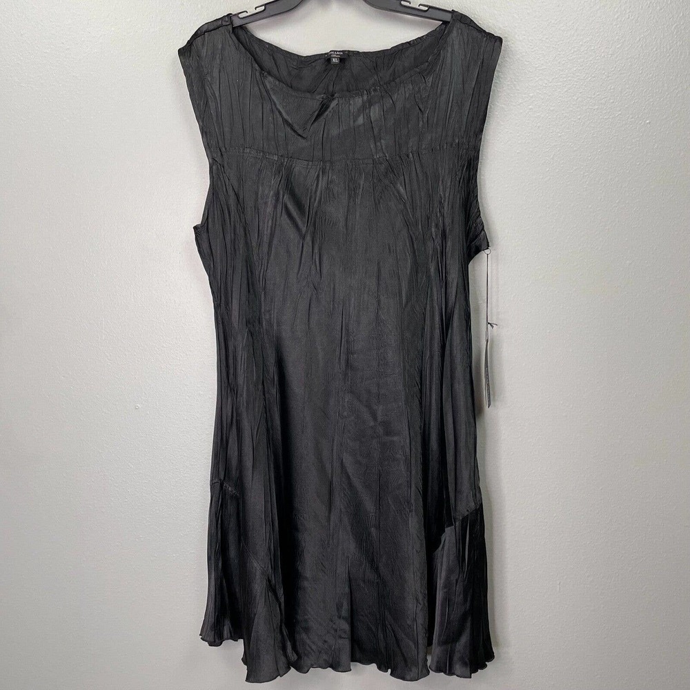 Komarov Charmeuse Dress Womens XL Black Sleevless Midi Crinkle